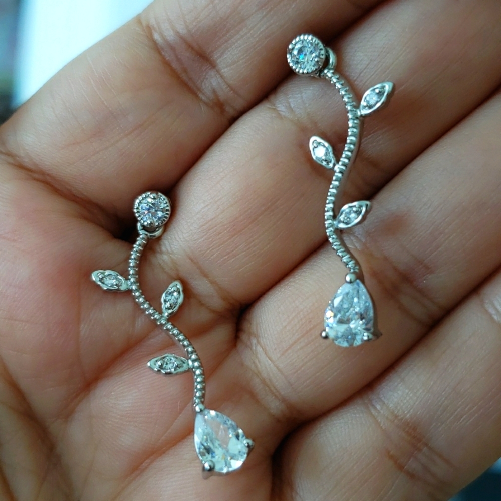 Delicate Plated Leaf Design Simulated Diamond Ear… - image 5